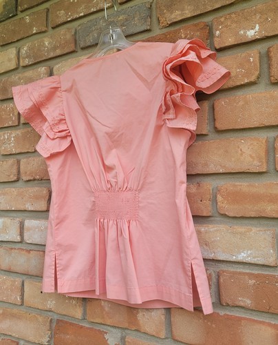 Moelleux Flutter Ruffle Lace Sleeve V- Neck Peach Feminine Blouse Sz LARGE - Picture 5 of 12