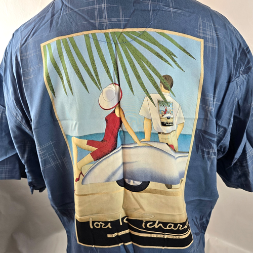 Tori Richard Hemd Herren Large Blau Knopfleiste Palme Auto Art Deco Strand Aloha Resort
