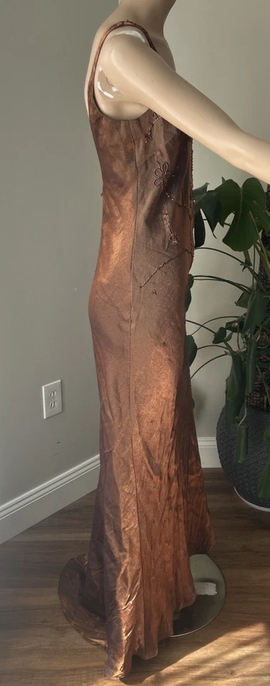 Vintage 80s 90s Slip Silky Maxi Bronze Gold Metallic Dress Beaded - Image 4 of 4