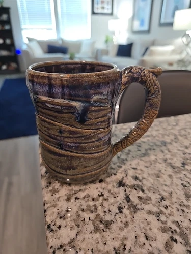 Hand Thrown Glazed Studio ART Pottery Mug Cup BLUES glaze comfort mug SPIRAL