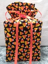 Halloween Candy Corn on black cotton fabric handmade, square tissue box cover