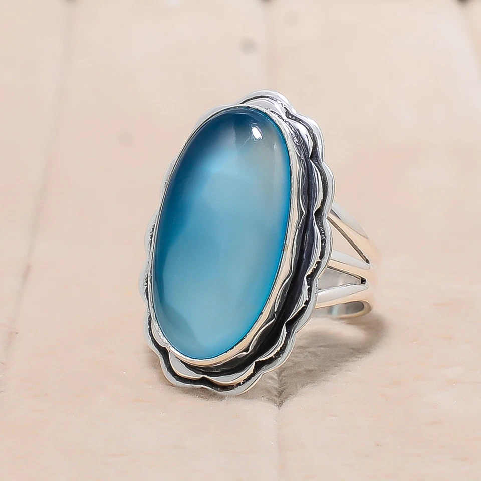 Anillo de plata de ley 925 con calcedonia azul, regalo único de Navidad, delicado anillo Foto 4 de 4