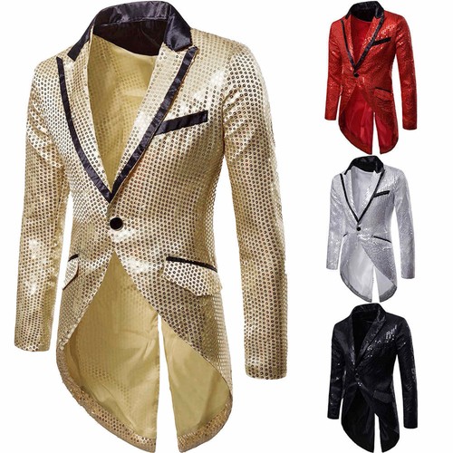 Charm Men's Casual One Button Fit Suit Sequin Coat Jacket Party Tuxedo Blazer US