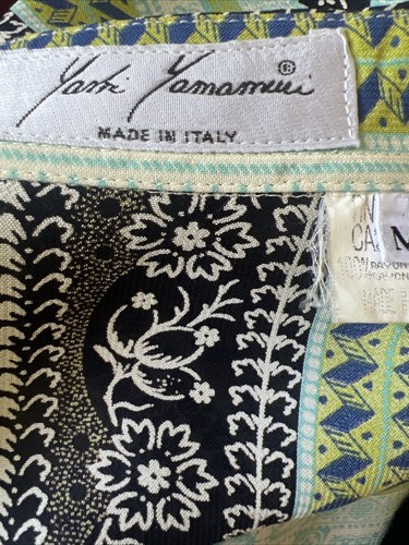 VTG YASHI YAMAMURI SHIRT MOD BOHO GREEN BLUE BLK WHITE NECK 15-15.5” MED ITALY - Picture 6 of 8