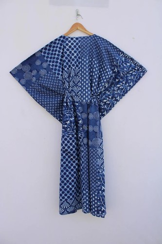 Indian Women's Indigo Printed Cotton Maxi Kaftan Nighty Night Wear Dress Maxi - Picture 2 of 3