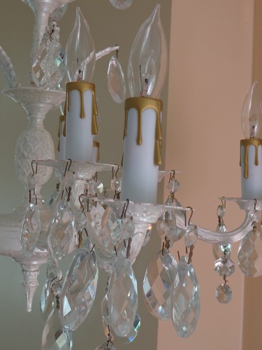 Shabby Chic 5-Armed Hanging Chandelier with Prisms and 5 Clip-on Shades - Picture 3 of 12