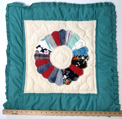 Vintage Quilted Pillow Cover Handmade Euro Sham Teal Flower Ring 24" Square 80s - Picture 7 of 7
