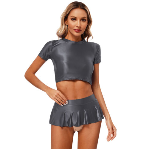 UK Womens Outfits Satin Crop Top And Skirt Oil Shiny Swimsuit Stretchy Lingerie - Picture 106 of 122