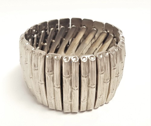 Vintage Bamboo Design Expansion Bracelet Chunky Wide Silver Tone Metal Bar Panel - Picture 9 of 17
