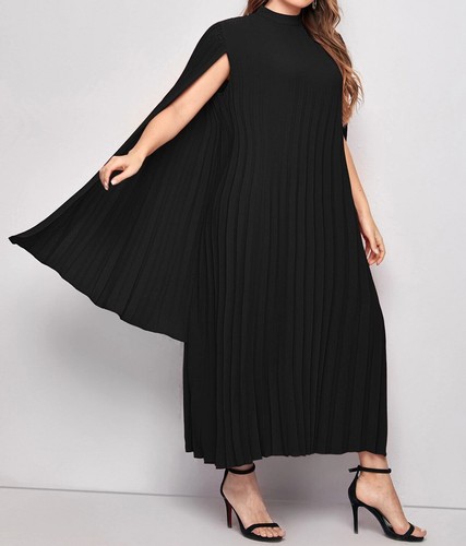 Elegantes Cape-Kleid Übergröße Rundhals Langarm Plissee einfarbig formell Tunika - Bild 15 von 20