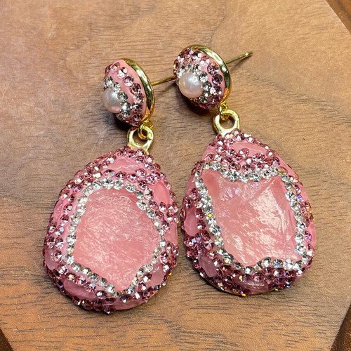 Juego de pendientes + anillo + collar colgante de cristal de cuarzo rosa con incrustaciones de perlas y culata - Imagen 4 de 4