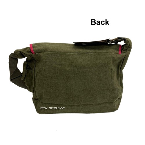 13x9.5 Green with Pink Trim Canvas Messenger Bag Teen Bag Travel Messenger Bag - Picture 7 of 10