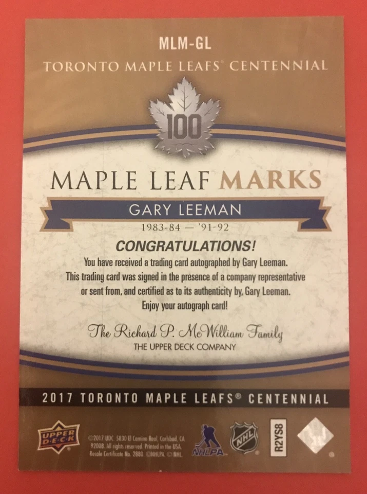 2017 18 UD TORONTO MAPLE LEAFS CENTENNIAL AUTO AUTOGRAPH GARY LEEMAN MLM - GL - Image 2 of 2
