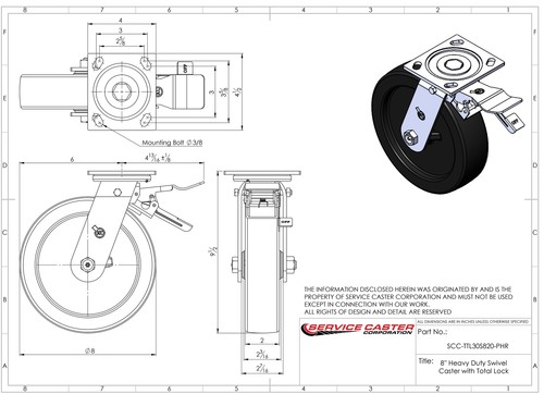 8 Inch Phenolic Caster Set with Roller Bearings and Total Lock Brakes SCC - Imagen 3 de 5