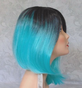 Short Asynetrical Bob Black Aqua Ombre Heat Ok Full Synthetic