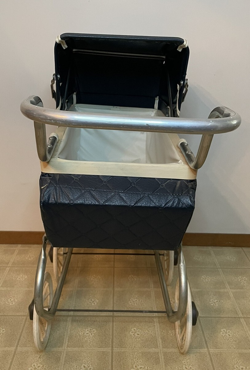 Vintage Quilted Faux Leather Navy Blue Baby Buggy Carriage