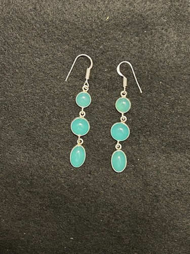 NEW Blue Chalcedony 925 Silver Plated Long Gemstone Earrings 2.5" - Picture 3 of 5