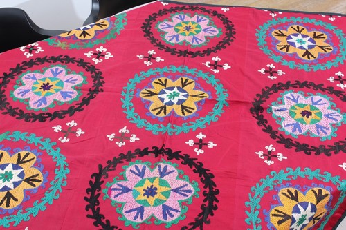 Suzani Uzbek Embroidered Table Cover 3.64' x 3.90' VINTAGE FAST Shipment 15346 - Picture 5 of 17