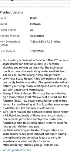 Small Oscillating Ceramic Space Heater 2 Settings Tip Over & Heat Protection - Picture 7 of 11