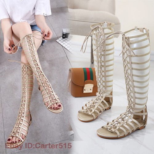 Women Summer Knee High Roman Sandals Boots Hollow Flat Gladiator Zipper Shoes - Picture 16 of 26
