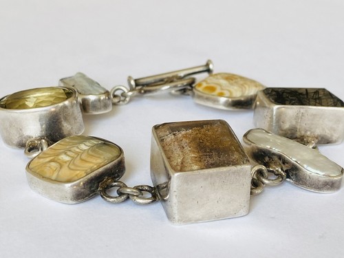 Vintage Echo of the Dreamer Sterling Silver Pearl Quartz Link Toggle Bracelet - Picture 6 of 20
