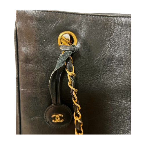 Vintage CHANEL Chain Tote Bag Black Leather Quilted Large AS IS Read Description - Picture 6 of 12
