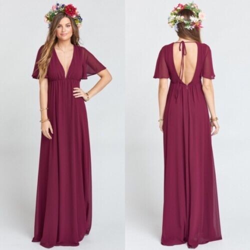 Show Me Your Mumu Faye Flatter Maxikleid in Merlot Chiffon Hochzeit Brautjungfer S - Bild 1 von 5