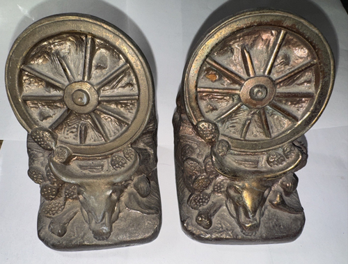 Western-Themed Cast Dodge WAGON WHEEL Bookends (May Be Brass) Get Rolling…RS - Picture 2 of 23