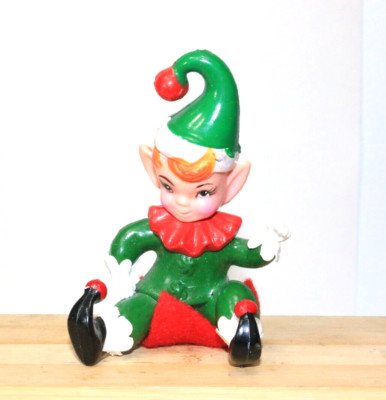 Vintage Rubber felt Pixie Elf sitting red green 3.5'' tall Hong Kong Christmas