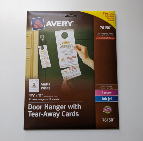 Avery  76150 - 50 Door Hangers with Tear-Away Cards 4-1/4" x 11" 25 Sheets - Picture 1 of 2