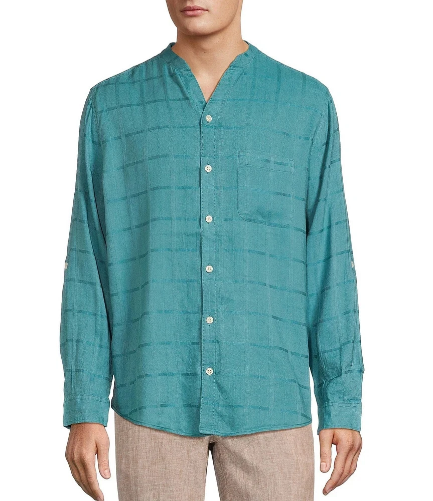 Caribbean Solid Linen Banded Collar Long Sleeve Woven Shirt, Blue, XL