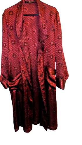 Burgundy Satin kimono, with black oriental pattern, Midi length-one size - Picture 2 of 8