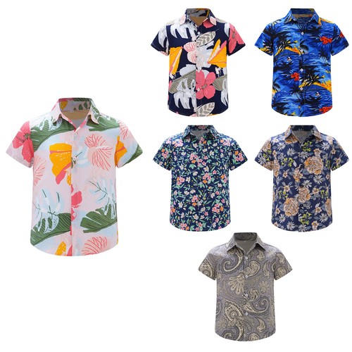 Boys Button Down Hawaiian Shirt Floral Short Sleeve Tropical Summer Tops Tees - Picture 5 of 37