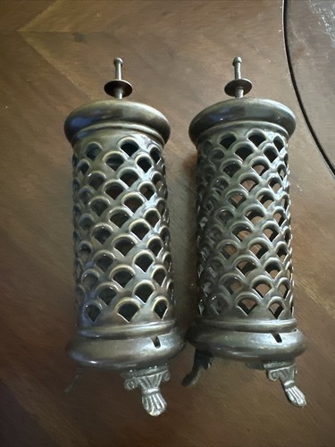 2 Vintage Made in India Silver Plated INCENSE CONE BURNER Pierced Pattern 8.75"