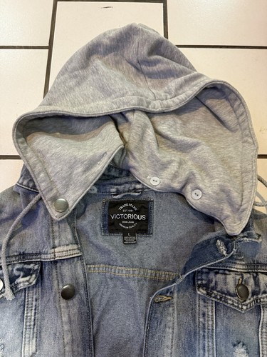 Victory Outfitters Denim Jacket Mens Blue Hooded Fleece Button Pockets Size L - Picture 3 of 6