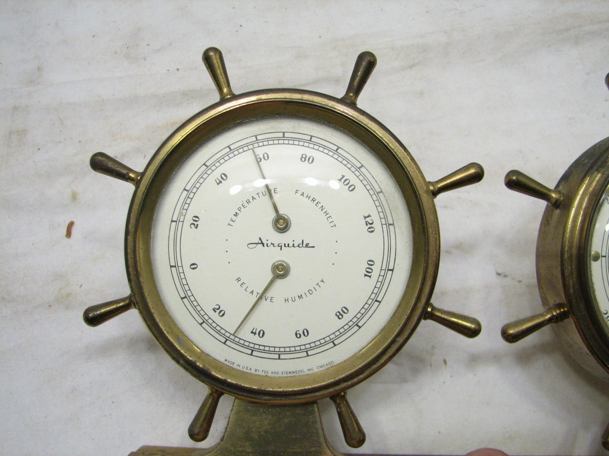 Executive Thermometer, Humidity Reader, Barometer, And Clock Weather Station - 3 Instruments - PVD Brass