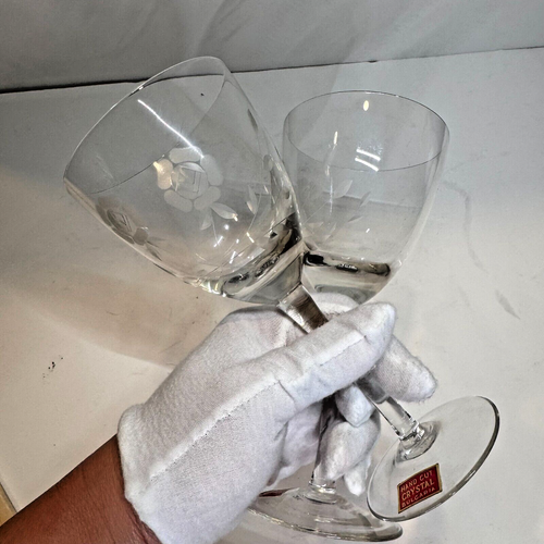 Fine Vintage Long Stemed Wine Glasses From Bulgaria HandCut Crystal Etched Rose - Picture 10 of 11