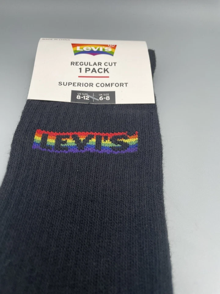 New Levi’s Designer Mens Gay Pride Rainbow Stripped Active Crew Cut Socks Black - Image 2 of 3