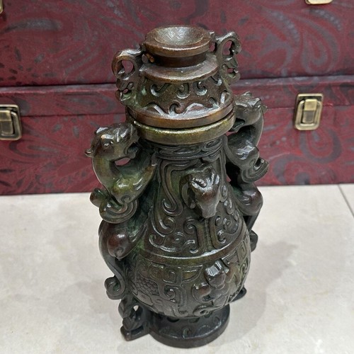 9"China Dynasty Old Jade Double Ears Dragon Phoenix Beast Incense Burner Censer - Picture 5 of 7