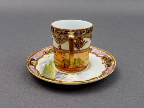Nippon Japan Gold Moriage Beaded Jeweled Lanscape Scene Demitasse Cup & Saucer - Picture 5 of 10