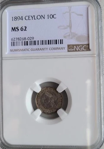 Ceylon 10 Cents 1894 NGC MS 62