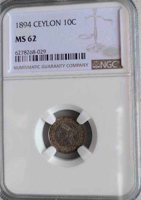 Ceylon 10 Cents 1894 NGC MS 62