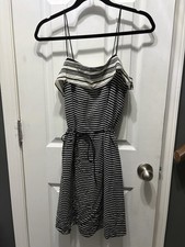 Madewell 100% Silk Black & Cream Striped Spaghetti Strap Sleeveless Midi Dress 8