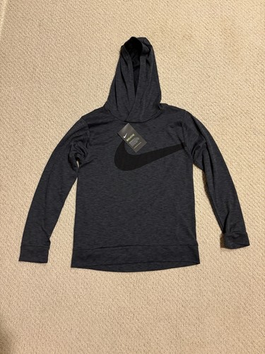 NIKE Boys Size M Carbon Gray Black Swoosh Long Sleeve DriFit Pullover Hoodie NWT