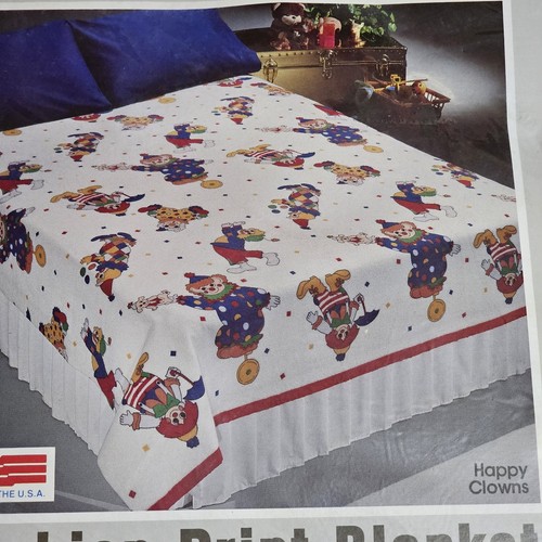 VTG Beacon Fashion Print Blanket Happy Clown Full/Twin Satin Trim NOS - READ - Picture 3 of 7