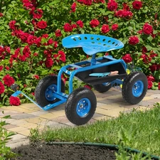 Rolling Garden Cart with Seat and Wheels Extendable Steer Handle Green