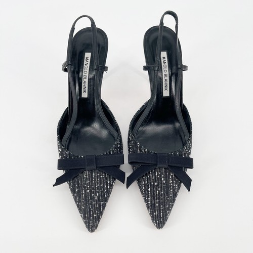 Manolo Blahnik Negro Tweed Detalle de Lazo Punta Punta Tacón Eslinga IT 40 - Imagen 5 de 11