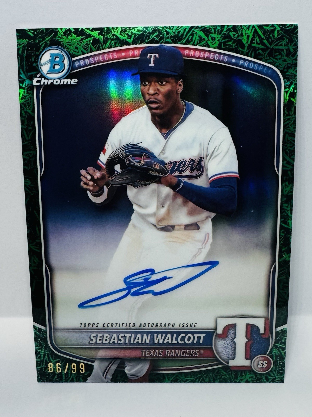 2025 Bowman Sebastian Walcott Chrome Green Grass Auto /99 #CPA-SW Rangers