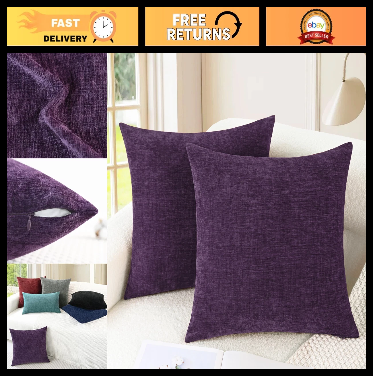 Cozy Chenille Throw Pillow Covers 18x18 Inches - Set of 2 Decorative Cushions fo