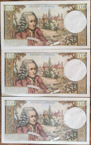 Suite de 3 Billets 10 francs VOLTAIRE 1972 - numéros consécutifs - 29962 à 29964 - Imagen 4 de 4